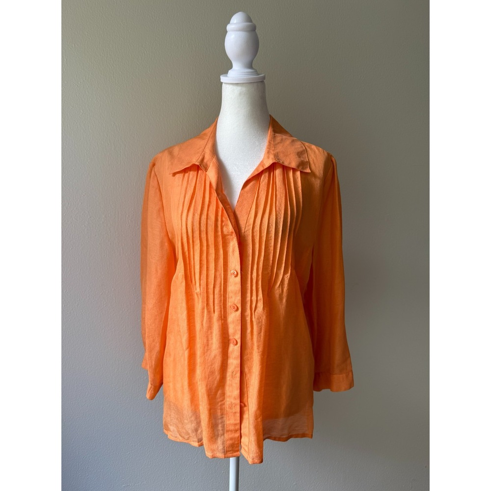 Coldwater Creek Orange Women's L Linen Silk Blend Pintuck Button Down Blouse Top